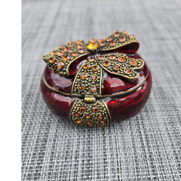 Red Vintage Amber Jeweled Oval Trinket Box Bow  Magnetic Closure - Picture 4 of 11